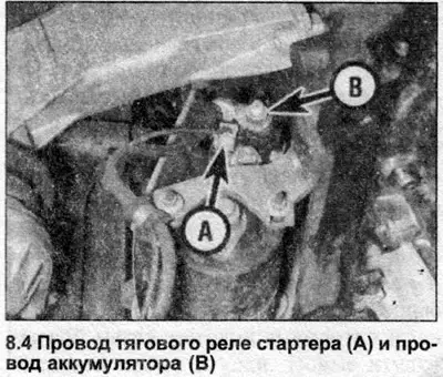 4. Заметьте местоположение двух проводов на стартере. Отсоедините провод от тягового реле, затем…