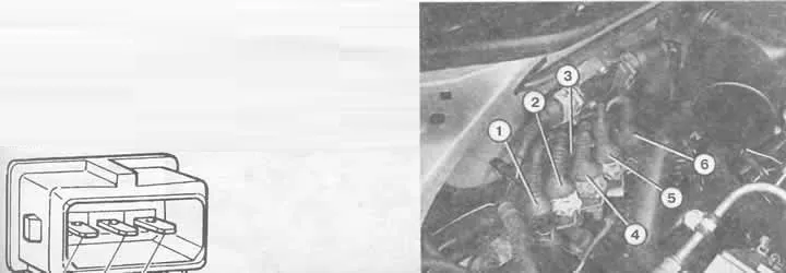 Справа: штепсельные соединения сзади справа моторного отсека у модели с 6-цилиндровым двигателем: