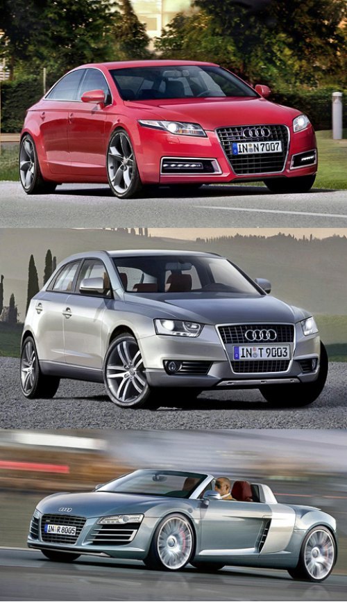 Эти рисунки помогут вам представить будущее Audi: четырехдверное купе A7, кроссовер Q3 и спайдер R8.