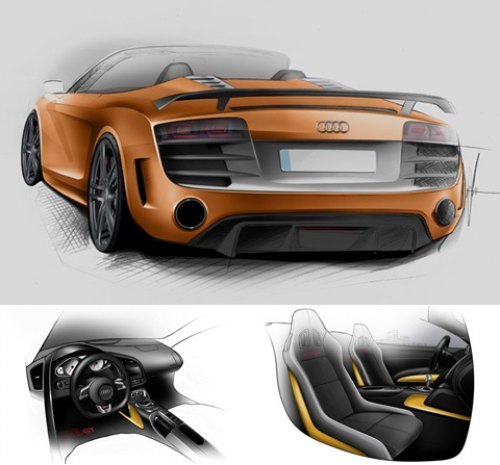 Двухдверка Audi R8 GT Spyder обута в 19-дюймовые колесные диски. Интерьер, если судить по…