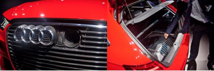 Разъем для зарядки аккумулятора прячется под эмблемой Audi на решетке: нажал на четыре кольца — они…