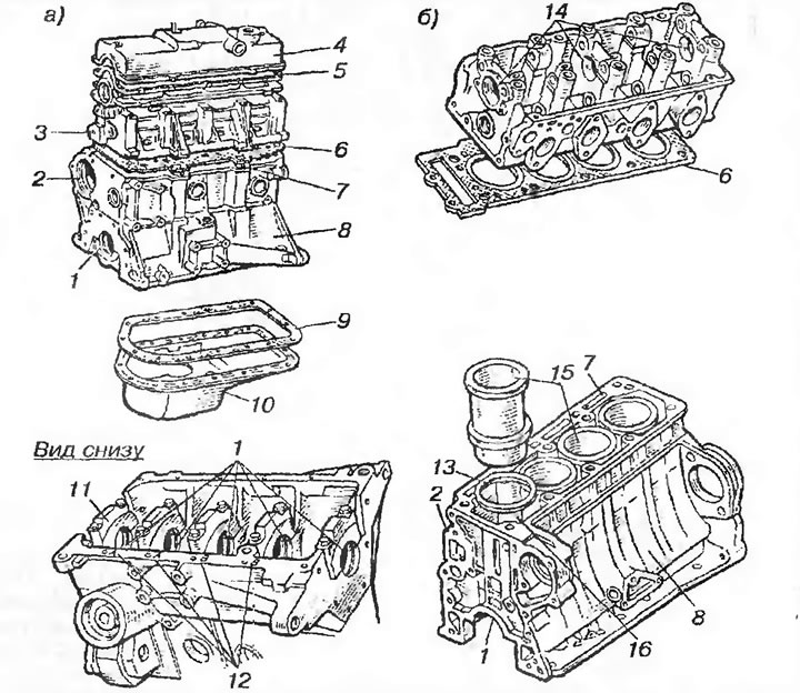 Рис. 8. Блоки цилиндров двигателей: а - ВАЗ-2108; б - УЗАМ-331 и 412; 1 - опоры коренных шеек…