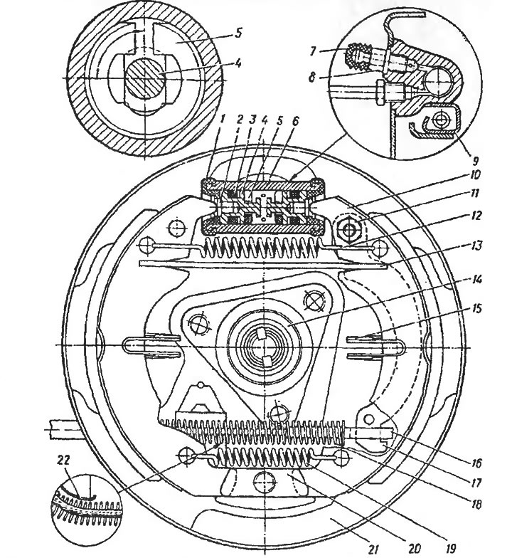 Рис. 140. Тормозной механизм заднего колеса автомобиля ЗАЗ-1102: 1 - защитный чехол; 2 - упор…