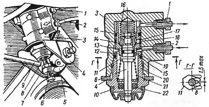 Рис. 151. Регулятор давления автомобилей АЗЛК-2141 и -21412: 1 - трубка к колесным цилиндрам; 2 -…