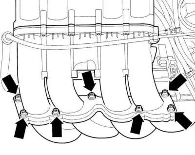 2. Remove the Allen screws (indicated by arrows) and tilt the top of the intake manifold.