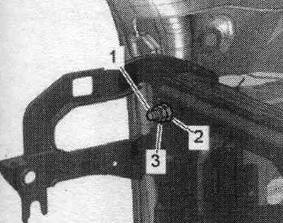 Counter on pillar A from the driver's side. 2 nuts «2» and «3» on the mounting bolt «1» and unscrew…