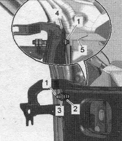 Place the central pipe «4» of the front panel evenly on the A-pillar. Lock 2 nuts «2» and «3» on…