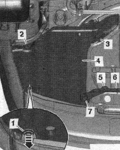 Автомобили с допълнителен ауспух: Развийте гайките «5» и «7» и свалете задържащата щанга «6».…
