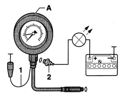 4. Выверните датчик давления масла(2) на фланце масляного фильтра и вверните прибор для проверки…