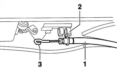 4. Немного отсоедините облицовку израмы двери, вытяните трос (1) привода двери из направляющей (2)…