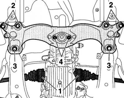 18. Prvo uklonite vijke (2), a zatim vijke (3) na poprečnom nosaču tunela. Odvijte obje matice (4),…