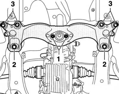 15. Pričvrstite poprečni nosač tunela na tijelo. Prvo zavrnite vijak (2), a zatim vijak (3).