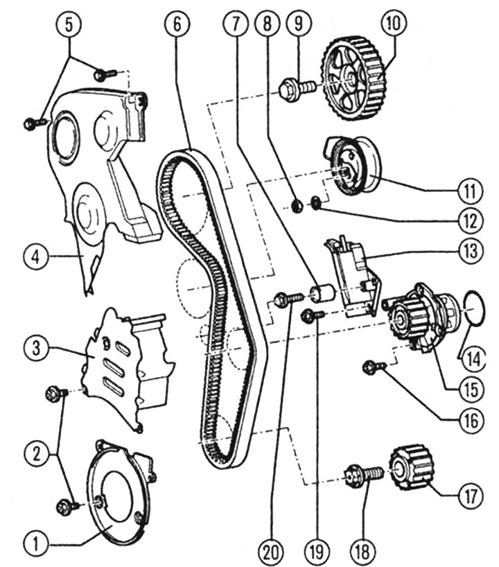 Привод зубчатым ремнем в двигателях ALT и AVJ: 1 - кожух зубчатого ремня - нижняя часть, 2 - винты…