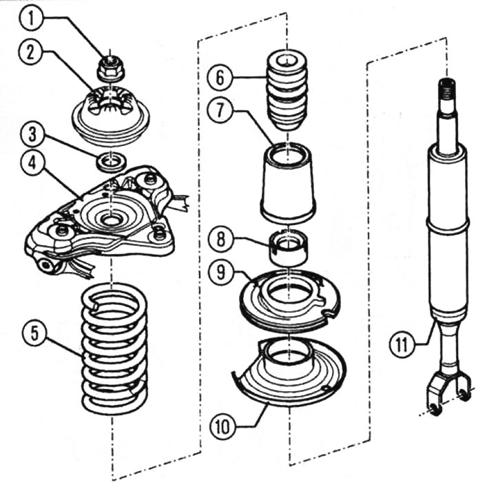Montaža amortizera: 1 - matica prirubnice 60 Nm(mora se zamijeniti), 2 - ležaj, 3 - podloška, 4 -…