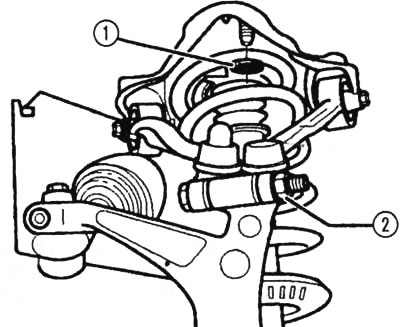Za uklanjanje amortizera, uklonite stezaljku 1 i otpustite maticu 2