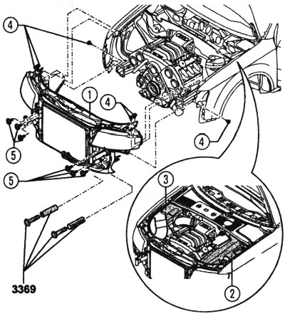 Zaključajte nosač u servisnom položaju: 1 - nosač brave, 2 - lijevi poklopac motora, 3 - desni…