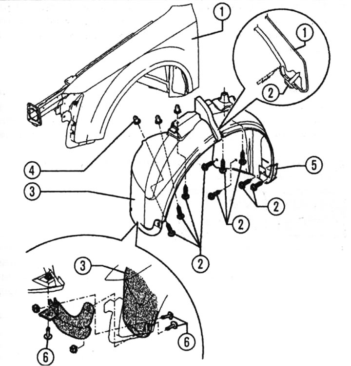 Poklopac prednjeg kotača: 1 - krilo, 2 - vijci (2,3 Nm), 3 - kućište prednjeg kotača, 4 - odstojna…