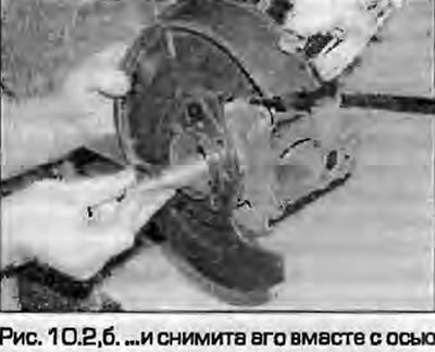 2. Odvijte pričvrsne vijke štitnika kočnice. uklonite ga zajedno s osovinom (crtež. 10.2, a, 6).