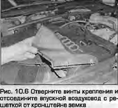 6. Otpustite pričvrsne vijke i odvojite kanal za dovod zraka s rešetkom od nosača brave (Sl. 10.6).