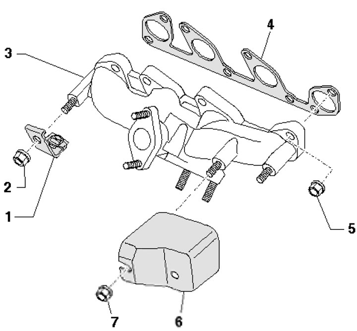 16.17. Exhaust manifold installation details 1. Bracket; 2, 7. Nut, 25 Nm; 3. Exhaust manifold; 4.…