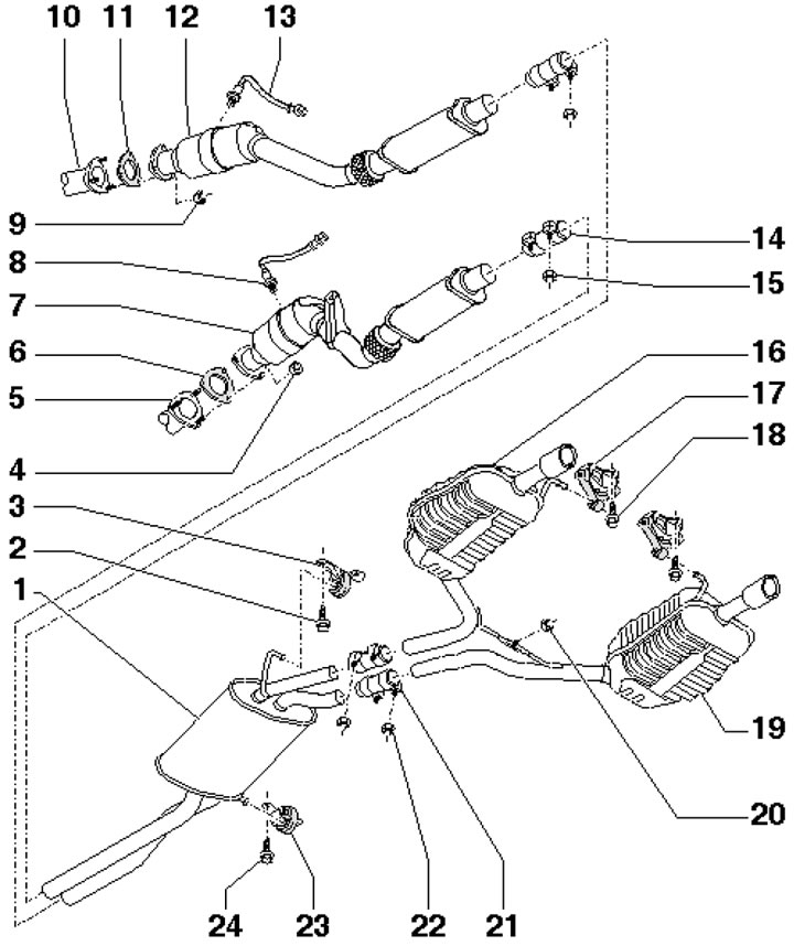 17.13. Szczegóły instalacji układu wydechowego 1. Tłumik centralny; 2. Śruba, 23 Nm; 3. Wsparcie;…
