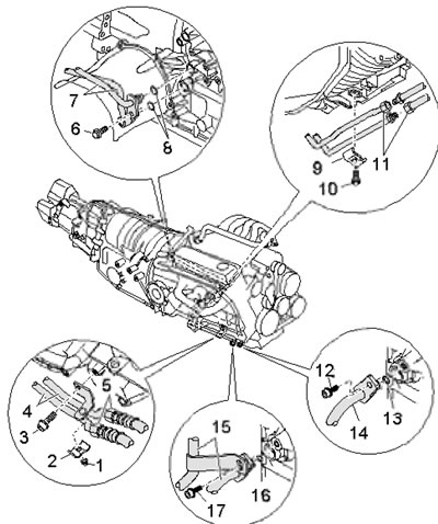 6.1. Части на охладителната верига на ATF 1. Гайка, 8 Nm; 2, 9. Фиксатор; 3. Болт, 42 Nm; 4, 7. ATF…