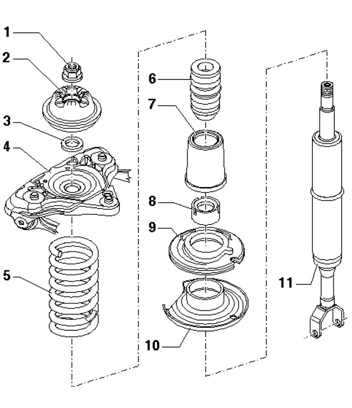 4.1. Части за монтаж на амортисьор 1. Гайка с фланец, 50 Nm, подлежи на смяна; 2. Скоба за…
