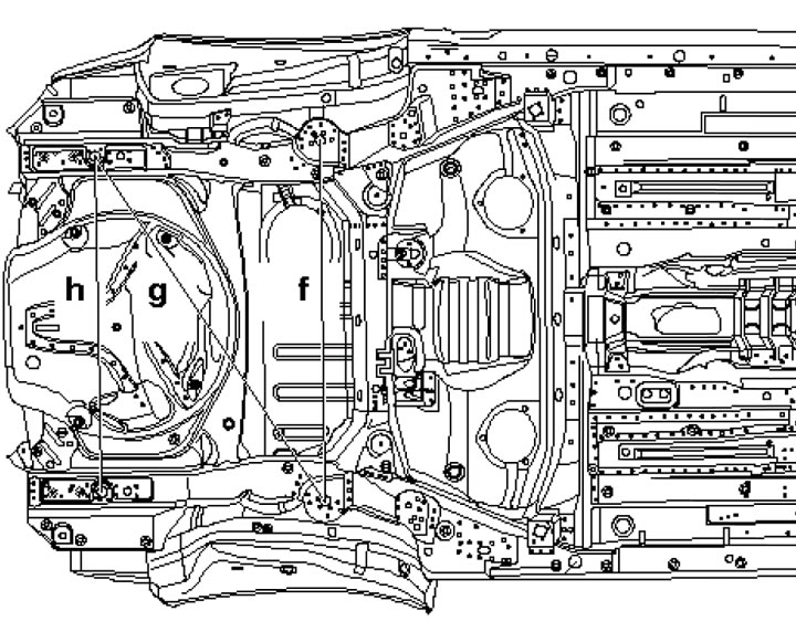 Задняя частка падлогі f. 1090 (паміж мацаваннем задняй падвескі); g. 1355 (паміж мацаваннем задняй…