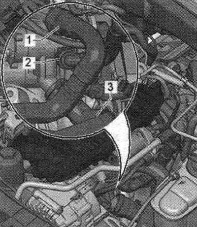 Отсоединить шланги «1...3», ослабив хомуты.