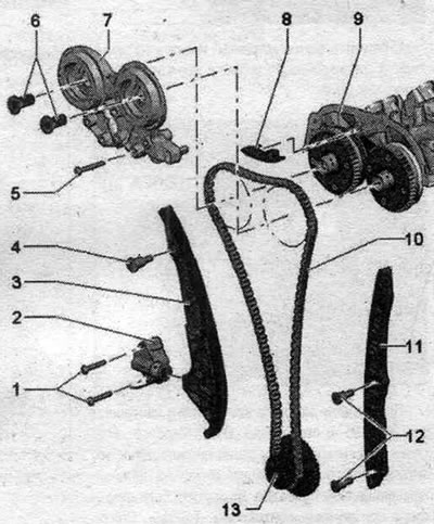 1. Bolt: 9 Nm. 2. Chain tensioner: spring-loaded; before removing, secure with the «T40267» lock.…