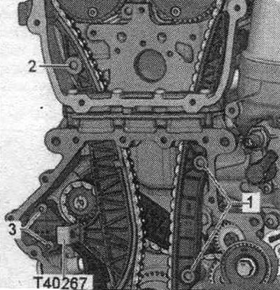 Remove the chain drive tension bar «2», Remove the camshaft chain drive damper bar «1».
