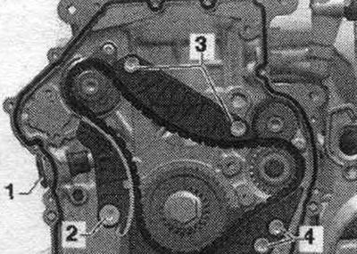 Remove balance shaft drive chain tensioner «1». Remove tensioner bar «2». Remove chain guide «4».