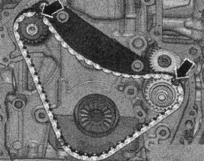 The colored links of the balance shaft drive chain must be located opposite the marks on the…