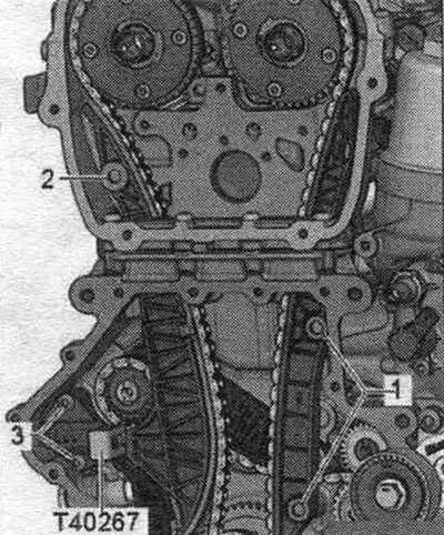 Install the timing chain tensioner and tighten bolt «2». Install the camshaft timing chain guide…