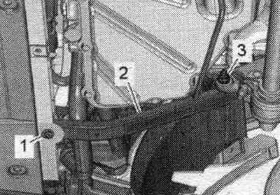 Выкруціць злева і справа шрубы «1» і гайку «3», і зняць стойку «2» перадпакоя апорнай панэлі.