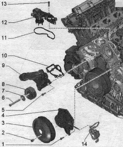 1. Болт: 9 Nm. 2. Болт: 20 Nm. 3. Ролка на ремъчната предавка за водната помпа. 4. Водна помпа: с…