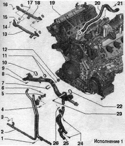 1. Болт: 9 Nm. 2. Предна лява тръба за охлаждаща течност. 3/4. Болт: 9 Nm. 5. Скоба. 6. Болт: 22…