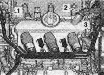 1. Hallov snímač 2 «G163». 3. Ventil 2 na nastavenie fáz časovania «N208».