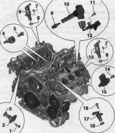 1. Skrutka: 9 Nm. 2. Hallov snímač «G40». 3. Tesniaci krúžok: vymeňte. 4. Snímače klepania: snímač…