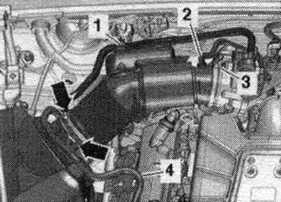 Odstráňte kryty motora «1» a «2» smerom nahor. Odpojte palivo. vedenia «4» a «1» z absorbéra s…