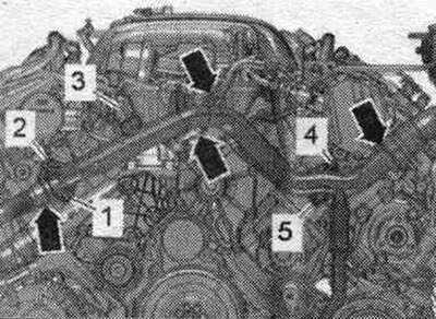 Від'єднати роз'єм «3» датчика температури ОЖ «G62». Відвернути болти «1,2,4, 5» передньої трубки…