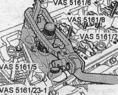 Заврните назубљени елемент «VAS 5161/5» са виљушком «VAS 5161/6» у вођицу «VAS 5161/23». Поставите…