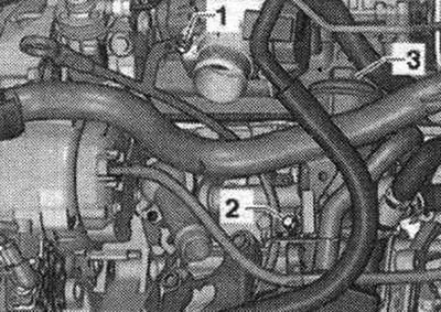 Выкрутить болты «1» и «2». Отвернуть крышку «3» и снять фильтрующий элемент масл. фильтра.