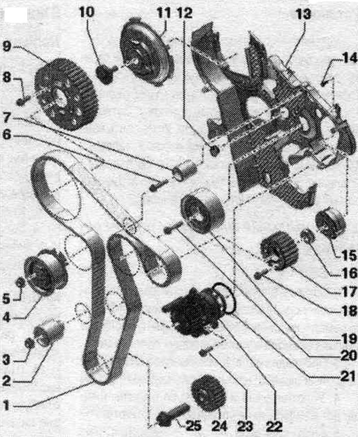 1. Timing belt: Before removing, mark the direction of rotation with chalk or a felt-tip pen; check…