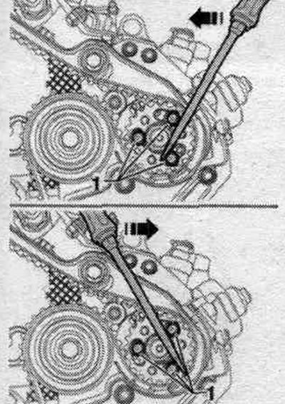 If necessary, rotate the high pressure pump toothed belt gear using the screwdriver «arrows» by the…