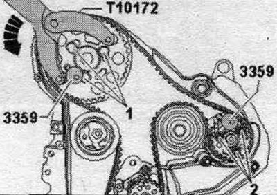 Install the counter support «T10172» on the camshaft timing belt sprocket as shown in the figure.…