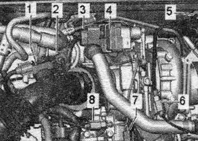 1. Датчык ціску 1 ОГ «G450». 2. Электр, раз'ём датчыка тэмпературы ОГ 3 шэрагу цыліндраў 1 «G496»…