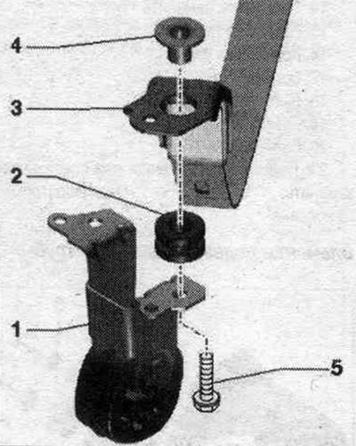 1. Окачване. 2. Буфер. 3. Опъваща щанга. 4. Разширителна втулка. 5. Болт 20 Nm.