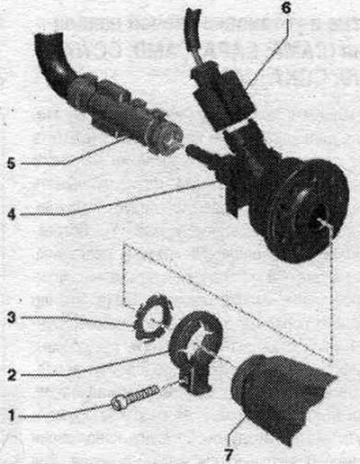 1. Болт: 5 Nm. 2. Монтажна скоба. 3. Уплътнение: сменете. 4. Дюза за редуктор «N474». 5. Маркуч за…