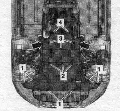 Remove the noise insulation screens by loosening the fastening elements «1...4» and «arrows».